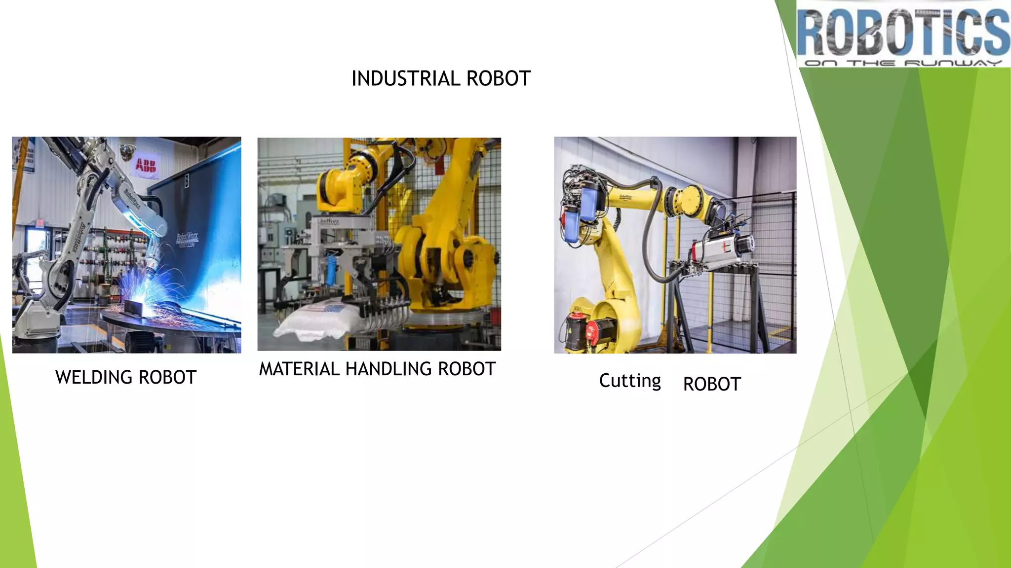 Types of Robots
INDUSTRIAL ROBOT
WELDING ROBOT MATERIAL HANDLING ROBOT
Cutting ROBOT
 