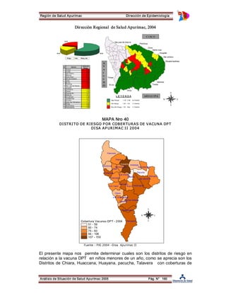 Región de Salud Apurímac Dirección de Epidemiología 
20.00 
Dir ección Regional de Salud Apurímac, 2004 
20.00 60.00 
Bajo Alt o Muy Alt o 
A 
Y 
A 
C 
U 
C 
H 
O 
CUSCO 
AREQUIPA 
N° Distrito 
Indice de 
Riesgo 
1 Toraya 7.41 
2 Turpay 2.52 
3 San Antonio 2.30 
4 Mamara 2.02 
5 Santa Rosa 2.00 
6 Micaela Bastidas 1.96 
7 Circa 1.67 
8 El Oro 1.63 
9 Pichirhua 1.62 
10 San Juan de Chacna 1.59 
11 Huayllati 1.54 
12 Lambrama 1.45 
13 Huayllo 1.42 
14 Pacobamba 1.37 
15 Abancay 1.31 
16 Curpahuasi 1.30 
17 Cotabambas 1.27 
18 Curasco 1.20 
19 Justo Apu Sahuaraura 1.14 
20 Tintay 1.03 
21 Pocohuanca 1.00 
22 Huancarama 1.00 
L E Y E N D A 
Bajo Riesgo ­1.55 
­0.99 
33 Distritos 
Alto Riesgo 1.00 ­1.49 
11 Distritos 
Muy Alto Riesgo 1.50 ­Más 
11 Distritos 
MAPA Nro 40 
DI STRI TO DE RIESGO P OR COBERTURAS DE VACUNA DP T 
DI SA AP URI M A C I I 2004 
Andarapa 
Kaquiabamba 
Pacucha 
Chincheros 
Ocobamba 
Ranracancha 
Uripa 
Cocharcas 
S.M.Chicmo 
Uranmarca San jeronimo Talavera 
Andahuaylas 
Huancaray 
Turpo 
S.M. Chaccrampa 
Tumay huaraca 
Huayana 
Pom acocha 
Pam pachiri 
Huaccana 
Ongoy 
Kishuara 
S.A. Cachi 
Chiara 
Cobertura Vacunas DPT ­2004 
51 ­59 
60 ­74 
75 ­83 
84 ­106 
107 ­159 
N 
W E 
S 
Fuente : PAI 2004 –Disa Apurimac II 
El presente mapa nos permite determinar cuales son los distritos de riesgo en 
relación a la vacuna DPT en niños menores de un año, como se aprecia son los 
Distritos de Chiara, Huaccana, Huayana, pacucha, Talavera con coberturas de 
Análisis de Situación de Salud Apurímac 2005 Pág. N° 160 
 