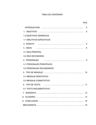 TABLA DE CONTENIDO



                                                   PAG

 INTRODUCCION        …………………………………………………….......     4

1. OBJETIVOS ……………………………...……………………………...            5

1.2 OBJETIVOS GENERALES

1.1 OBEJTIVOS ESPECIFICOS

2. ENSAYO     ……………………………………………………………….              6

3. IDEAS    …………………………………………………………………                8

3.1 IDEA PRINCIPAL

3.2 IDEA SECUNDARIA

4. PERSONAJES         ………………………………………………………..        9

4.1 PERSONAJES PRINCIPALES

4.2 PERSONAJES SECUNDARIOS

5. TIPO DE MENSAJE ……………………………………………………… 10

5.1 MENSAJE DENOTATIVO

5.2 MENSAJE CONNOTATIVO

6. TIPO DE TEXTO      ……………………………………………………….. 11

6.1 TEXTO ARGUMENTATIVO

7. BIOGRAFIA ………………………...………………….………………...… 12

8. GLOSARIO …………………………………………….………………....… 13

9. CONCLUSION ………………………………………….…………….......… 18

BIBLIOGRAFIA……………………………………………………………..….... 19
 