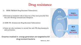 Drug resistance
1) MDR-TB(Multi Drug Resistant Tuberculosis)
Resistant to treatment with at least two of the most powerful first
line anti-TB drug isoniazid and rifampicin.
2) XDR-TB (Extensively Drug Resistant Tuberculosis)
Some are also resistance to second line anti-TB drug kanamycin
and cycloserine.
Enzymes involved in energy generation are targeted to kill
drug-resistant bacteria
Bald et al., 2017
 
