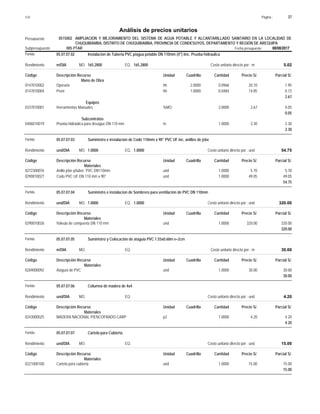 Página :
S10 37
0515002
Presupuesto AMPLIACION Y MEJORAMIENTO DEL SISTEMA DE AGUA POTABLE Y ALCANTARILLADO SANITARIO EN LA LOCALIDAD DE
Análisis de precios unitarios
CHUQUIBAMBA, DISTRITO DE CHUQUIBAMBA, PROVINCIA DE CONDESUYOS, DEPARTAMENTO Y REGIÓN DE AREQUIPA
005 PTAR Fecha presupuesto 08/08/2017
Subpresupuesto
Partida 05.07.07.02 Instalacion de Tuberia PVC p/agua potable DN 110mm (4") iinc. Prueba hidraulica
m/DIA 165.2800
Rendimiento Costo unitario directo por : m 5.02
165.2800
EQ.
MO.
Unidad Cuadrilla Cantidad Precio S/.
Código Descripción Recurso Parcial S/.
Mano de Obra
hh
0147010002 2.0000 0.0968 1.95
20.10
Operario
hh
0147010004 1.0000 0.0484 0.72
14.85
Peon
2.67
Equipos
%MO
0337010001 2.0000 0.05
2.67
Herramientas Manuales
0.05
Subcontratos
m
0406010019 1.0000 2.30
2.30
Prueba hidráulica para desague DN 110 mm
2.30
Partida 05.07.07.03 Suministro e instalacion de Codo 110mm x 90° PVC UF inc. anillos de jebe
und/DIA 1.0000
Rendimiento Costo unitario directo por : und 54.75
1.0000
EQ.
MO.
Unidad Cuadrilla Cantidad Precio S/.
Código Descripción Recurso Parcial S/.
Materiales
und
0272300076 1.0000 5.70
5.70
Anillo jebe p/tuber. PVC DN110mm
und
0290010027 1.0000 49.05
49.05
Codo PVC UF DN 110 mm x 90°
54.75
Partida 05.07.07.04 Suministro e instalacion de Sombrero para ventilación de PVC DN 110mm
und/DIA 1.0000
Rendimiento Costo unitario directo por : und 320.00
1.0000
EQ.
MO.
Unidad Cuadrilla Cantidad Precio S/.
Código Descripción Recurso Parcial S/.
Materiales
und
0290010026 1.0000 320.00
320.00
Válvula de compuerta DN 110 mm
320.00
Partida 05.07.07.05 Suministro y Colocación de ataguia PVC 1.55x0.60m e=2cm
m/DIA
Rendimiento Costo unitario directo por : m 30.00
EQ.
MO.
Unidad Cuadrilla Cantidad Precio S/.
Código Descripción Recurso Parcial S/.
Materiales
und
0269000092 1.0000 30.00
30.00
Ataguía de PVC
30.00
Partida 05.07.07.06 Columna de madera de 4x4
und/DIA
Rendimiento Costo unitario directo por : und 4.20
EQ.
MO.
Unidad Cuadrilla Cantidad Precio S/.
Código Descripción Recurso Parcial S/.
Materiales
p2
0243000025 1.0000 4.20
4.20
MADERA NACIONAL P/ENCOFRADO-CARP
4.20
Partida 05.07.07.07 Cartela para Cubierta
und/DIA
Rendimiento Costo unitario directo por : und 15.00
EQ.
MO.
Unidad Cuadrilla Cantidad Precio S/.
Código Descripción Recurso Parcial S/.
Materiales
und
0221000100 1.0000 15.00
15.00
Cartela para cubierta
15.00
 