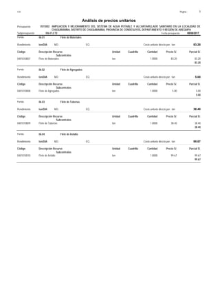 Página :
S10 1
0515002
Presupuesto AMPLIACION Y MEJORAMIENTO DEL SISTEMA DE AGUA POTABLE Y ALCANTARILLADO SANITARIO EN LA LOCALIDAD DE
Análisis de precios unitarios
CHUQUIBAMBA, DISTRITO DE CHUQUIBAMBA, PROVINCIA DE CONDESUYOS, DEPARTAMENTO Y REGIÓN DE AREQUIPA
006 FLETE Fecha presupuesto 08/08/2017
Subpresupuesto
Partida 06.01 Flete de Materiales
ton/DIA
Rendimiento Costo unitario directo por : ton 83.20
EQ.
MO.
Unidad Cuadrilla Cantidad Precio S/.
Código Descripción Recurso Parcial S/.
Subcontratos
ton
0401010007 1.0000 83.20
83.20
Flete de Materiales
83.20
Partida 06.02 Flete de Agregados
ton/DIA
Rendimiento Costo unitario directo por : ton 5.00
EQ.
MO.
Unidad Cuadrilla Cantidad Precio S/.
Código Descripción Recurso Parcial S/.
Subcontratos
ton
0401010008 1.0000 5.00
5.00
Flete de Agregados
5.00
Partida 06.03 Flete de Tuberías
ton/DIA
Rendimiento Costo unitario directo por : ton 38.40
EQ.
MO.
Unidad Cuadrilla Cantidad Precio S/.
Código Descripción Recurso Parcial S/.
Subcontratos
ton
0401010009 1.0000 38.40
38.40
Flete de Tuberías
38.40
Partida 06.04 Flete de Asfalto
ton/DIA
Rendimiento Costo unitario directo por : ton 99.67
EQ.
MO.
Unidad Cuadrilla Cantidad Precio S/.
Código Descripción Recurso Parcial S/.
Subcontratos
ton
0401010010 1.0000 99.67
99.67
Flete de Asfalto
99.67
 
