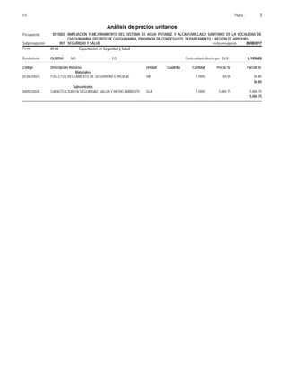Página :
S10 3
0515002
Presupuesto AMPLIACION Y MEJORAMIENTO DEL SISTEMA DE AGUA POTABLE Y ALCANTARILLADO SANITARIO EN LA LOCALIDAD DE
Análisis de precios unitarios
CHUQUIBAMBA, DISTRITO DE CHUQUIBAMBA, PROVINCIA DE CONDESUYOS, DEPARTAMENTO Y REGIÓN DE AREQUIPA
007 SEGURIDAD Y SALUD Fecha presupuesto 08/08/2017
Subpresupuesto
Partida 07.08 Capacitación en Seguridad y Salud
GLB/DIA
Rendimiento Costo unitario directo por : GLB 5,169.60
EQ.
MO.
Unidad Cuadrilla Cantidad Precio S/.
Código Descripción Recurso Parcial S/.
Materiales
mll
0230670023 1.0000 84.85
84.85
FOLLETOS REGLAMENTO DE SEGURIDAD E HIGIENE
84.85
Subcontratos
GLB
0405010028 1.0000 5,084.75
5,084.75
CAPACITACION EN SEGURIDAD, SALUD Y MEDIO AMBIENTE
5,084.75
 