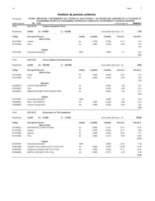 Página :
S10 1
0515002
Presupuesto AMPLIACION Y MEJORAMIENTO DEL SISTEMA DE AGUA POTABLE Y ALCANTARILLADO SANITARIO EN LA LOCALIDAD DE
Análisis de precios unitarios
CHUQUIBAMBA, DISTRITO DE CHUQUIBAMBA, PROVINCIA DE CONDESUYOS, DEPARTAMENTO Y REGIÓN DE AREQUIPA
003 PTAP Fecha presupuesto 08/08/2017
Subpresupuesto
Partida 03.01.01.01 Limpieza manual del Terreno
m2/DIA 80.0000
Rendimiento Costo unitario directo por : m2 1.74
80.0000
EQ.
MO.
Unidad Cuadrilla Cantidad Precio S/.
Código Descripción Recurso Parcial S/.
Mano de Obra
hh
0147010001 0.1000 0.0100 0.22
22.11
Capataz
hh
0147010004 1.0000 0.1000 1.49
14.85
Peon
1.71
Equipos
%MO
0337010001 2.0000 0.03
1.71
Herramientas Manuales
0.03
Partida 03.01.01.02 Trazo y replanteo inicial del proyecto
m2/DIA 400.0000
Rendimiento Costo unitario directo por : m2 2.04
400.0000
EQ.
MO.
Unidad Cuadrilla Cantidad Precio S/.
Código Descripción Recurso Parcial S/.
Mano de Obra
hh
0147010003 1.0000 0.0200 0.33
16.47
Oficial
hh
0147010004 3.0000 0.0600 0.89
14.85
Peon
1.22
Materiales
kg
0202000010 0.0050 0.01
2.96
CLAVOS PARA MADERA
bls
0230020001 0.0250 0.20
8.00
Yeso
p2
0243000025 0.0260 0.11
4.20
MADERA NACIONAL P/ENCOFRADO-CARP
0.32
Equipos
%MO
0337010001 3.0000 0.04
1.22
Herramientas Manuales
hm
0349890001 1.0000 0.0200 0.16
8.00
NIVEL TOPOGRAFICO
hm
0349890002 1.0000 0.0200 0.30
15.00
Estacion Total precision
0.50
Partida 03.01.02.01 Excavaciones en TSR c/maquinaria
m3/DIA 22.0000
Rendimiento Costo unitario directo por : m3 76.22
22.0000
EQ.
MO.
Unidad Cuadrilla Cantidad Precio S/.
Código Descripción Recurso Parcial S/.
Mano de Obra
hh
0147000023 2.0000 0.7273 14.63
20.12
OPERADOR DE EQUIPO PESADO
hh
0147010001 0.1000 0.0364 0.80
22.11
Capataz
hh
0147010002 1.0000 0.3636 7.31
20.10
Operario
hh
0147010004 2.0000 0.7273 10.80
14.85
Peon
33.54
Equipos
%MO
0337010001 5.0000 1.68
33.54
Herramientas Manuales
hm
0348010086 0.3000 0.1091 13.48
123.58
Cargador retroexcavadora 0.50-0.75 Yda3 62 HP
hm
0349010003 1.0000 0.3636 22.44
61.71
Compresora neumática 76HP 125-175 pcm
hm
0349060006 2.0000 0.7273 5.08
6.99
MARTILLO NEUMATICO DE 29 Kg.
42.68
 