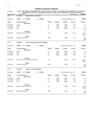 Página :
S10 9
0515002
Presupuesto AMPLIACION Y MEJORAMIENTO DEL SISTEMA DE AGUA POTABLE Y ALCANTARILLADO SANITARIO EN LA LOCALIDAD DE
Análisis de precios unitarios
CHUQUIBAMBA, DISTRITO DE CHUQUIBAMBA, PROVINCIA DE CONDESUYOS, DEPARTAMENTO Y REGIÓN DE AREQUIPA
003 PTAP Fecha presupuesto 08/08/2017
Subpresupuesto
Partida 03.02.05.02 Niple DN 150 mm Terminal HFD
und/DIA 100.0000
Rendimiento Costo unitario directo por : und 249.39
100.0000
EQ.
MO.
Unidad Cuadrilla Cantidad Precio S/.
Código Descripción Recurso Parcial S/.
Mano de Obra
hh
0147010002 1.0000 0.0800 1.61
20.10
Operario
hh
0147010003 1.0000 0.0800 1.32
16.47
Oficial
hh
0147010004 1.0000 0.0800 1.19
14.85
Peon
4.12
Materiales
und
0290010015 1.0000 245.19
245.19
Niple DN 150 mm Terminal HFD
245.19
Equipos
%MO
0337010001 2.0000 0.08
4.12
Herramientas Manuales
0.08
Partida 03.02.05.03 Unión de desmontaje autoportante DN150mm
und/DIA 100.0000
Rendimiento Costo unitario directo por : und 644.56
100.0000
EQ.
MO.
Unidad Cuadrilla Cantidad Precio S/.
Código Descripción Recurso Parcial S/.
Mano de Obra
hh
0147010002 1.0000 0.0800 1.61
20.10
Operario
hh
0147010003 1.0000 0.0800 1.32
16.47
Oficial
hh
0147010004 1.0000 0.0800 1.19
14.85
Peon
4.12
Materiales
und
0272300107 1.0000 640.36
640.36
Union de desmontaje Autoportante DN 150mm
640.36
Equipos
%MO
0337010001 2.0000 0.08
4.12
Herramientas Manuales
0.08
Partida 03.02.05.04 Válvula de compuerta DN150mm
und/DIA 100.0000
Rendimiento Costo unitario directo por : und 661.20
100.0000
EQ.
MO.
Unidad Cuadrilla Cantidad Precio S/.
Código Descripción Recurso Parcial S/.
Mano de Obra
hh
0147010002 1.0000 0.0800 1.61
20.10
Operario
hh
0147010003 1.0000 0.0800 1.32
16.47
Oficial
hh
0147010004 1.0000 0.0800 1.19
14.85
Peon
4.12
Materiales
und
0290010016 1.0000 657.00
657.00
Válvula de compuerta DN 150 mm
657.00
Equipos
%MO
0337010001 2.0000 0.08
4.12
Herramientas Manuales
0.08
 