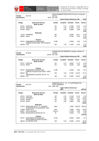 Evaluación de Tránsito y Seguridad Vial en
la Intersección Carretera Central y Prolong.
Av. Javier Prado.
MTC - CTLC /ST. Av. Arequipa 810. Piso 9 Lima 1
Partida 03.07.00
BASE AFIRMADA PARA PISTA E=10cm inc comp tipo
plancha
Rendimiento 80.00 M2 / DIA
Costo Unitario directo por: M2 15.80
Código Descripción Insumo Unidad Cuadrilla Cantidad Precio Parcial
Mano de Obra
470101 CAPATAZ HH 0.10 0.0100 12.18 0.12
470102 OPERARIO HH 1.00 0.1000 11.07 1.11
470104 PEON HH 6.00 0.6000 8.96 5.38
6.60
Materiales
50100 AFIRMADO M3 0.2600 25.21 6.55
390500 AGUA M3 0.0182 9.00 0.16
6.72
Equipos
370101 HERRAMIENTAS MANUALES % MO 0.0500 6.60 0.33
490304
COMPACTADOR VIBR. TIPO PLANCHA
7 HP HM 1.00 0.1000 21.50 2.15
2.48
Partida 03.08.00
ELIMINACION DE DESMONTE cargador s/llantas inc
volquete
Rendimiento 320.00 M3 / DIA
Costo Unitario directo por: M3 19.99
Código Descripción Insumo Unidad Cuadrilla Cantidad Precio Parcial
Mano de Obra
470101 CAPATAZ HH 0.10 0.0025 12.18 0.03
470104 PEON HH 1.00 0.0250 8.96 0.22
0.25
Equipos
370101 HERRAMIENTAS MANUALES % MO 0.0300 0.25 0.01
480427
CAMION VOLQUETE 6x4 330HP - HM10
M3 HM 3.00 0.0750 215.00 16.13
490409
CARGADOR S/LLANTAS 125 HP - 2.5
YD3 HM 1.00 0.0250 144.00 3.60
19.73
Partida 04.01.00
SEMAFORO DE 1C - 3L - 12" SUSPENDIDO EN
POSTE BANDERA
Rendimiento 6.00 UND / DIA
Costo Unitario directo por:
UND 1597.20
Código Descripción Insumo Unidad Cuadrilla Cantidad Precio Parcial
Mano de Obra
470101 CAPATAZ HH 0.10 0.1333 12.18 1.62
470102 OPERARIO HH 2.00 2.6667 11.07 29.52
470103 OFICIAL HH 1.00 1.3333 9.94 13.25
470104 PEON HH 2.00 2.6667 8.96 23.89
68.29
Materiales
119013 SEMAFORO DE 1C - 3L - ADOSAR UND 1.0000 1420.00 1420.00
119006
ACCESORIO P/FIJ-EN PEDEST. SEM
VEHIC-1C-3L PZA 1.0000 50.00 50.00
290401 CINTA AISLANTE ROLLO 0.1000 0.90 0.09
375289 MANGUERA PLASTICA DE 1/2" M 2.0000 1.70 3.40
1473.49
Equipos
370101 HERRAMIENTAS MANUALES % MO 0.0500 68.29 3.41
496159
GRUA HIDRAULICA-BZO TELESC-
AUTOPROP 9TON HM 0.30 0.4000 130.00 52.00
55.41
 