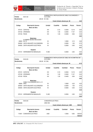 Evaluación de Tránsito y Seguridad Vial en
la Intersección Carretera Central y Prolong.
Av. Javier Prado.
MTC - CTLC /ST. Av. Arequipa 810. Piso 9 Lima 1
Partida 09.01.00
SUMINISTRO E INSTALACION DE CABLE VULCANIZADO 1-
4x14 AWG
Rendimiento 200.00 M / DIA
Costo Unitario directo por: M 5.20
Código Descripción Insumo Unidad Cuadrilla Cantidad Precio Parcial
Mano de Obra
470101 CAPATAZ HH 0.10 0.0040 12.18 0.05
470102 OPERARIO HH 1.00 0.0400 11.07 0.44
470104 PEON HH 1.00 0.0400 8.96 0.36
0.85
Materiales
60822
ALAMBRE NEGRO RECOCIDO
No 16 M 1.0500 3.10 3.26
304834 CINTA AISLANTE VULCANIZADA M 0.5000 1.50 0.75
304835 CINTA AISLANTE ELECTRICA M 0.5000 0.60 0.30
4.31
Equipos
370101 HERRAMIENTAS MANUALES % MO 0.0500 0.85 0.04
0.04
Partida 09.02.00
SUMINISTRO E INSTALACION DE CABLE DE ACOMETIDA DE
2x12 AWG
Rendimiento 200.00 M / DIA
Costo Unitario directo por: M 6.19
Código Descripción Insumo Unidad Cuadrilla Cantidad Precio Parcial
Mano de Obra
470101 CAPATAZ HH 0.10 0.0040 12.18 0.05
470102 OPERARIO HH 1.00 0.0400 11.07 0.44
470104 PEON HH 1.00 0.0400 8.96 0.36
0.85
Materiales
60826
CABLE VULCANIZADO DE 2 x 12
AWG M 1.0000 4.25 4.25
304834 CINTA AISLANTE VULCANIZADA M 0.5000 1.50 0.75
304835 CINTA AISLANTE ELECTRICA M 0.5000 0.60 0.30
5.30
Equipos
370101 HERRAMIENTAS MANUALES % MO 0.0500 0.85 0.04
0.04
Partida 09.03.00 CONEXIÓN ELECTRICA
Rendimiento UND/ DIA
Costo Unitario directo por: UND 1200.03
Código Descripción Insumo Unidad Cuadrilla Cantidad Precio Parcial
Mano de Obra
119401 CONEXIÓN ELECTRICA UND 1.0000 1200 1200.00
1200.00
 