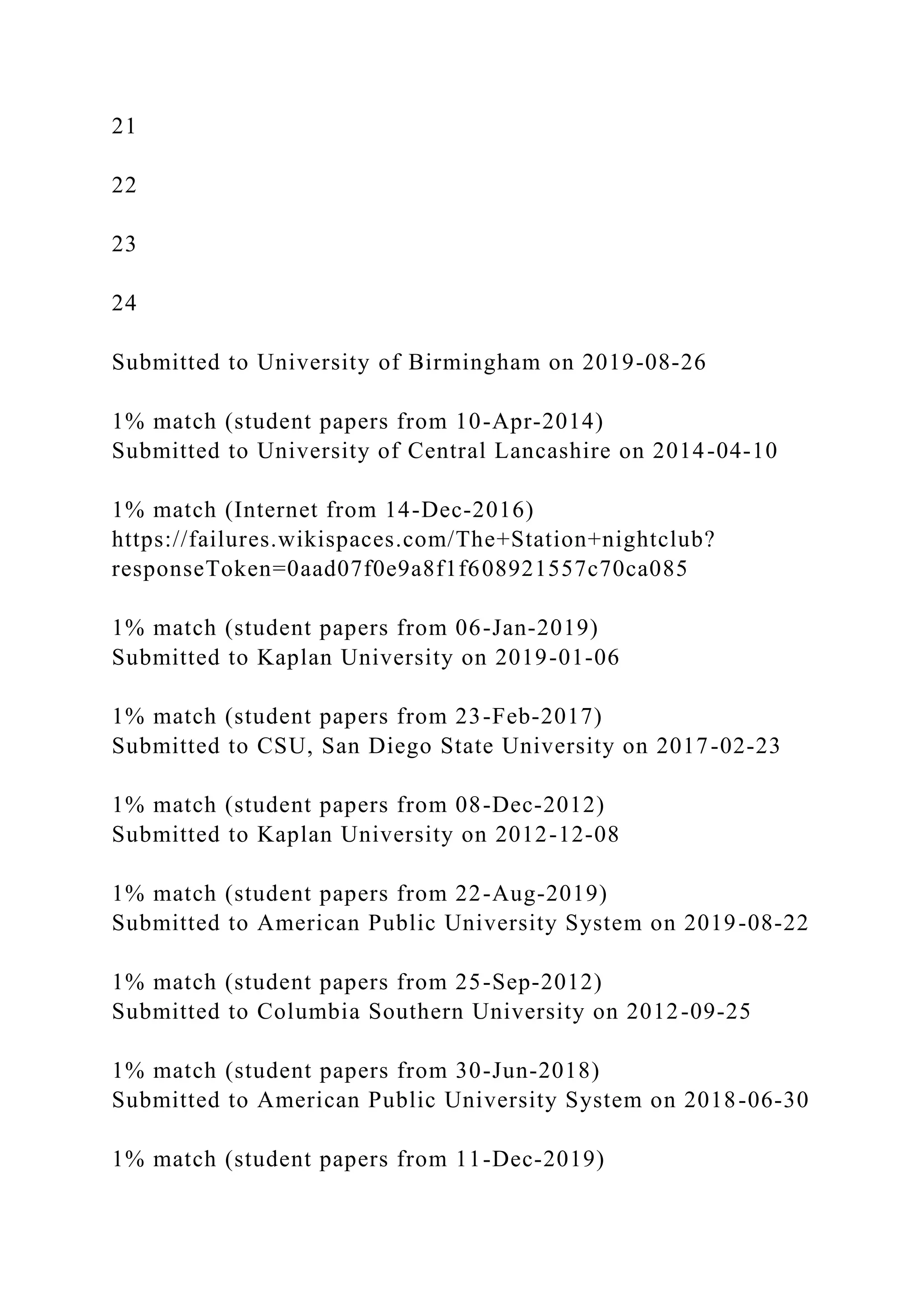 21
22
23
24
Submitted to University of Birmingham on 2019-08-26
1% match (student papers from 10-Apr-2014)
Submitted to University of Central Lancashire on 2014-04-10
1% match (Internet from 14-Dec-2016)
https://failures.wikispaces.com/The+Station+nightclub?
responseToken=0aad07f0e9a8f1f608921557c70ca085
1% match (student papers from 06-Jan-2019)
Submitted to Kaplan University on 2019-01-06
1% match (student papers from 23-Feb-2017)
Submitted to CSU, San Diego State University on 2017-02-23
1% match (student papers from 08-Dec-2012)
Submitted to Kaplan University on 2012-12-08
1% match (student papers from 22-Aug-2019)
Submitted to American Public University System on 2019-08-22
1% match (student papers from 25-Sep-2012)
Submitted to Columbia Southern University on 2012-09-25
1% match (student papers from 30-Jun-2018)
Submitted to American Public University System on 2018-06-30
1% match (student papers from 11-Dec-2019)
 