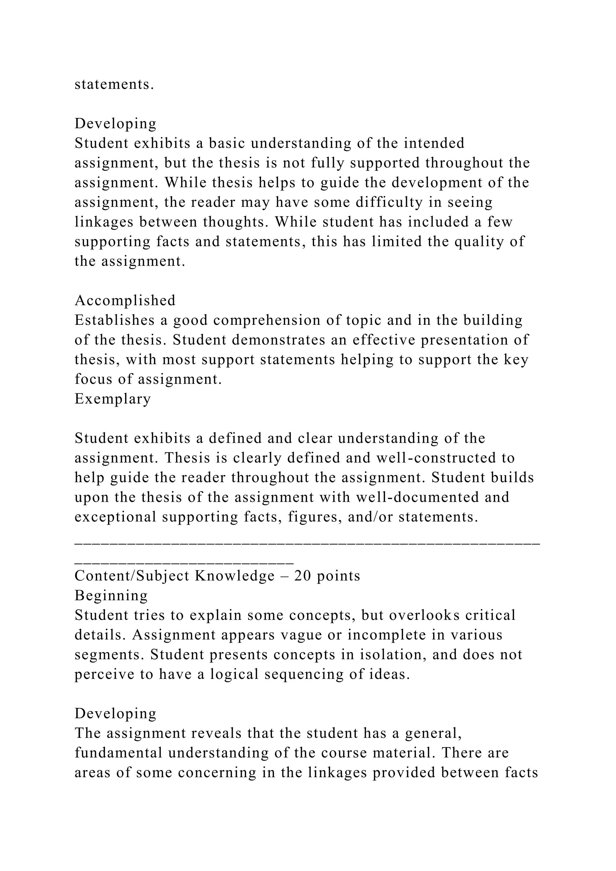 statements.
Developing
Student exhibits a basic understanding of the intended
assignment, but the thesis is not fully supported throughout the
assignment. While thesis helps to guide the development of the
assignment, the reader may have some difficulty in seeing
linkages between thoughts. While student has included a few
supporting facts and statements, this has limited the quality of
the assignment.
Accomplished
Establishes a good comprehension of topic and in the building
of the thesis. Student demonstrates an effective presentation of
thesis, with most support statements helping to support the key
focus of assignment.
Exemplary
Student exhibits a defined and clear understanding of the
assignment. Thesis is clearly defined and well-constructed to
help guide the reader throughout the assignment. Student builds
upon the thesis of the assignment with well-documented and
exceptional supporting facts, figures, and/or statements.
_____________________________________________________
_________________________
Content/Subject Knowledge – 20 points
Beginning
Student tries to explain some concepts, but overlooks critical
details. Assignment appears vague or incomplete in various
segments. Student presents concepts in isolation, and does not
perceive to have a logical sequencing of ideas.
Developing
The assignment reveals that the student has a general,
fundamental understanding of the course material. There are
areas of some concerning in the linkages provided between facts
 