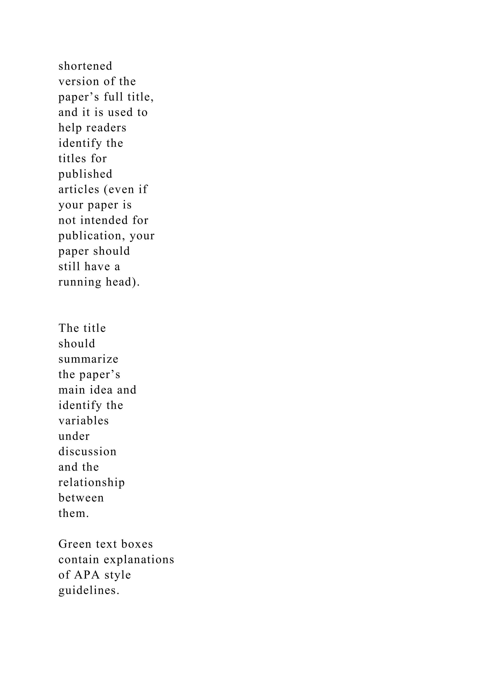 shortened
version of the
paper’s full title,
and it is used to
help readers
identify the
titles for
published
articles (even if
your paper is
not intended for
publication, your
paper should
still have a
running head).
The title
should
summarize
the paper’s
main idea and
identify the
variables
under
discussion
and the
relationship
between
them.
Green text boxes
contain explanations
of APA style
guidelines.
 