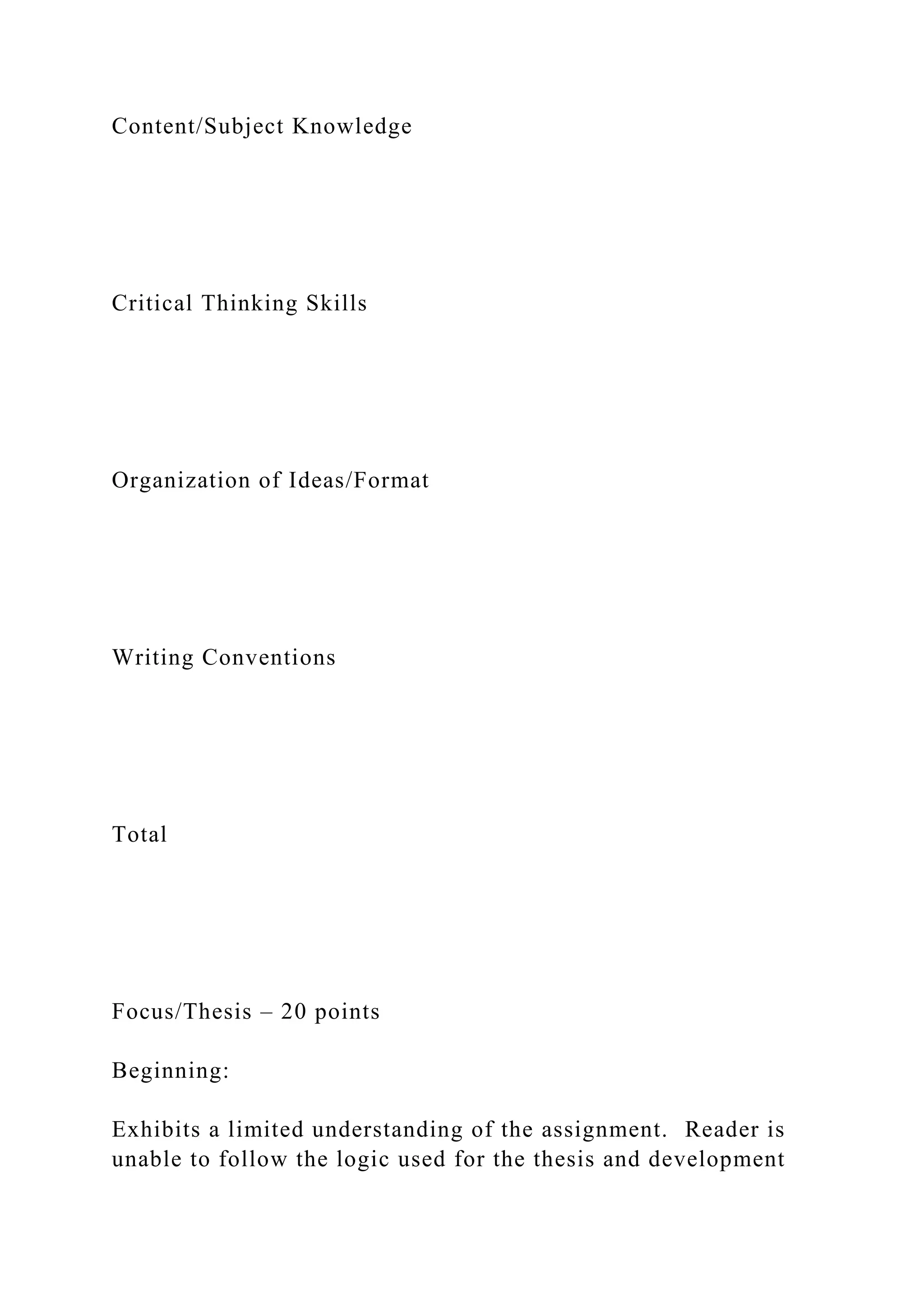 Content/Subject Knowledge
Critical Thinking Skills
Organization of Ideas/Format
Writing Conventions
Total
Focus/Thesis – 20 points
Beginning:
Exhibits a limited understanding of the assignment. Reader is
unable to follow the logic used for the thesis and development
 