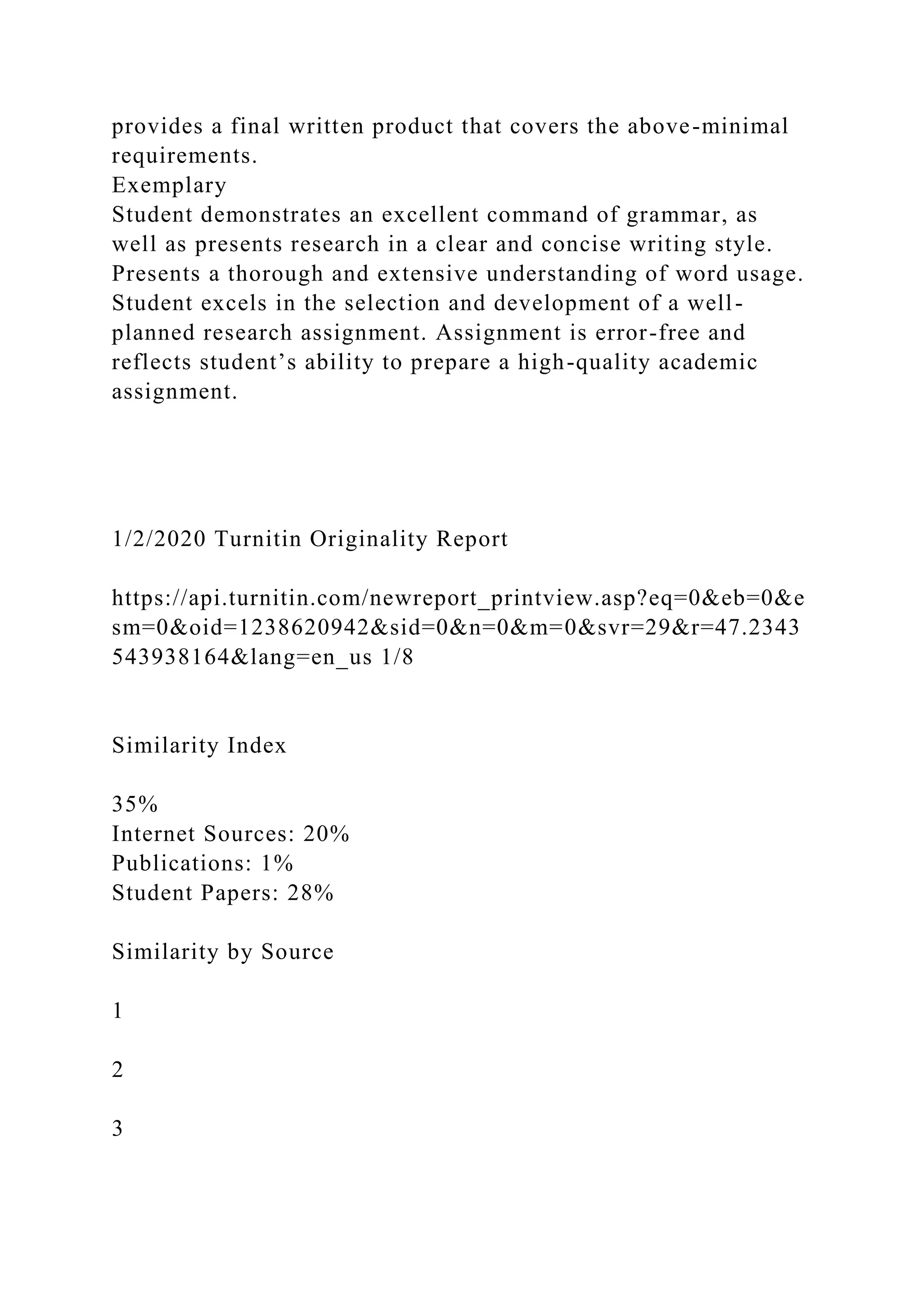 provides a final written product that covers the above-minimal
requirements.
Exemplary
Student demonstrates an excellent command of grammar, as
well as presents research in a clear and concise writing style.
Presents a thorough and extensive understanding of word usage.
Student excels in the selection and development of a well-
planned research assignment. Assignment is error-free and
reflects student’s ability to prepare a high-quality academic
assignment.
1/2/2020 Turnitin Originality Report
https://api.turnitin.com/newreport_printview.asp?eq=0&eb=0&e
sm=0&oid=1238620942&sid=0&n=0&m=0&svr=29&r=47.2343
543938164&lang=en_us 1/8
Similarity Index
35%
Internet Sources: 20%
Publications: 1%
Student Papers: 28%
Similarity by Source
1
2
3
 