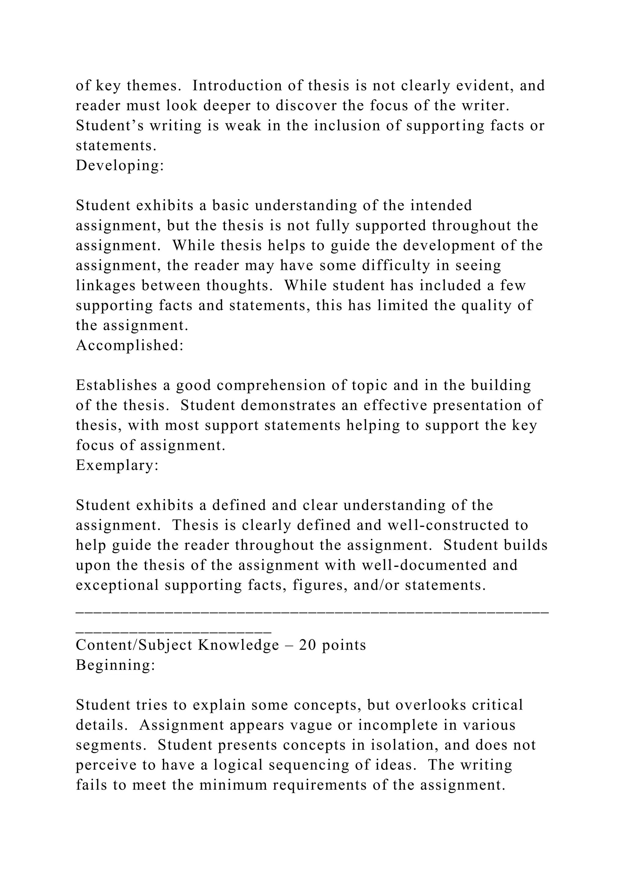 of key themes. Introduction of thesis is not clearly evident, and
reader must look deeper to discover the focus of the writer.
Student’s writing is weak in the inclusion of supporting facts or
statements.
Developing:
Student exhibits a basic understanding of the intended
assignment, but the thesis is not fully supported throughout the
assignment. While thesis helps to guide the development of the
assignment, the reader may have some difficulty in seeing
linkages between thoughts. While student has included a few
supporting facts and statements, this has limited the quality of
the assignment.
Accomplished:
Establishes a good comprehension of topic and in the building
of the thesis. Student demonstrates an effective presentation of
thesis, with most support statements helping to support the key
focus of assignment.
Exemplary:
Student exhibits a defined and clear understanding of the
assignment. Thesis is clearly defined and well-constructed to
help guide the reader throughout the assignment. Student builds
upon the thesis of the assignment with well-documented and
exceptional supporting facts, figures, and/or statements.
_____________________________________________________
______________________
Content/Subject Knowledge – 20 points
Beginning:
Student tries to explain some concepts, but overlooks critical
details. Assignment appears vague or incomplete in various
segments. Student presents concepts in isolation, and does not
perceive to have a logical sequencing of ideas. The writing
fails to meet the minimum requirements of the assignment.
 