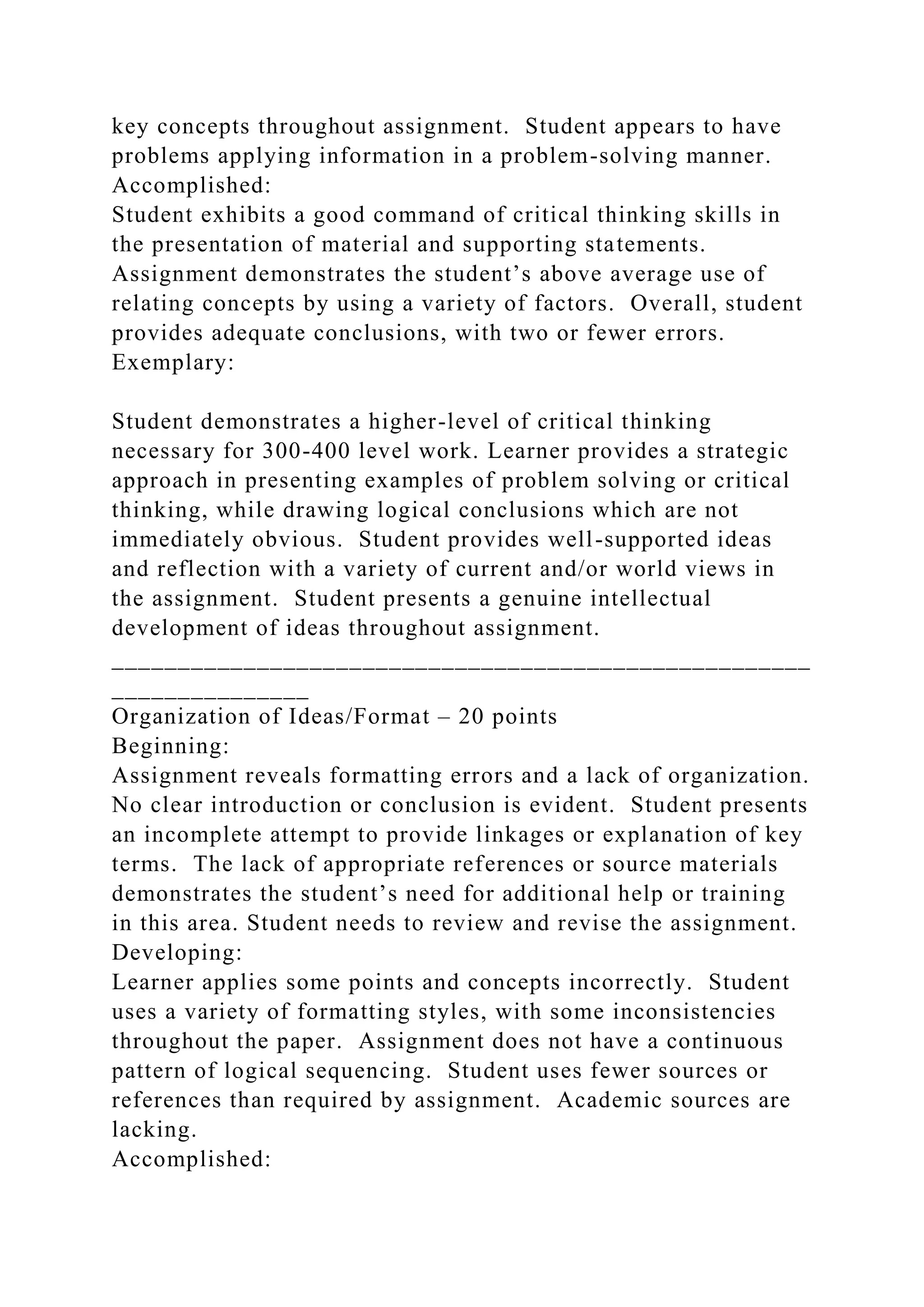 key concepts throughout assignment. Student appears to have
problems applying information in a problem-solving manner.
Accomplished:
Student exhibits a good command of critical thinking skills in
the presentation of material and supporting statements.
Assignment demonstrates the student’s above average use of
relating concepts by using a variety of factors. Overall, student
provides adequate conclusions, with two or fewer errors.
Exemplary:
Student demonstrates a higher-level of critical thinking
necessary for 300-400 level work. Learner provides a strategic
approach in presenting examples of problem solving or critical
thinking, while drawing logical conclusions which are not
immediately obvious. Student provides well-supported ideas
and reflection with a variety of current and/or world views in
the assignment. Student presents a genuine intellectual
development of ideas throughout assignment.
_____________________________________________________
_______________
Organization of Ideas/Format – 20 points
Beginning:
Assignment reveals formatting errors and a lack of organization.
No clear introduction or conclusion is evident. Student presents
an incomplete attempt to provide linkages or explanation of key
terms. The lack of appropriate references or source materials
demonstrates the student’s need for additional help or training
in this area. Student needs to review and revise the assignment.
Developing:
Learner applies some points and concepts incorrectly. Student
uses a variety of formatting styles, with some inconsistencies
throughout the paper. Assignment does not have a continuous
pattern of logical sequencing. Student uses fewer sources or
references than required by assignment. Academic sources are
lacking.
Accomplished:
 