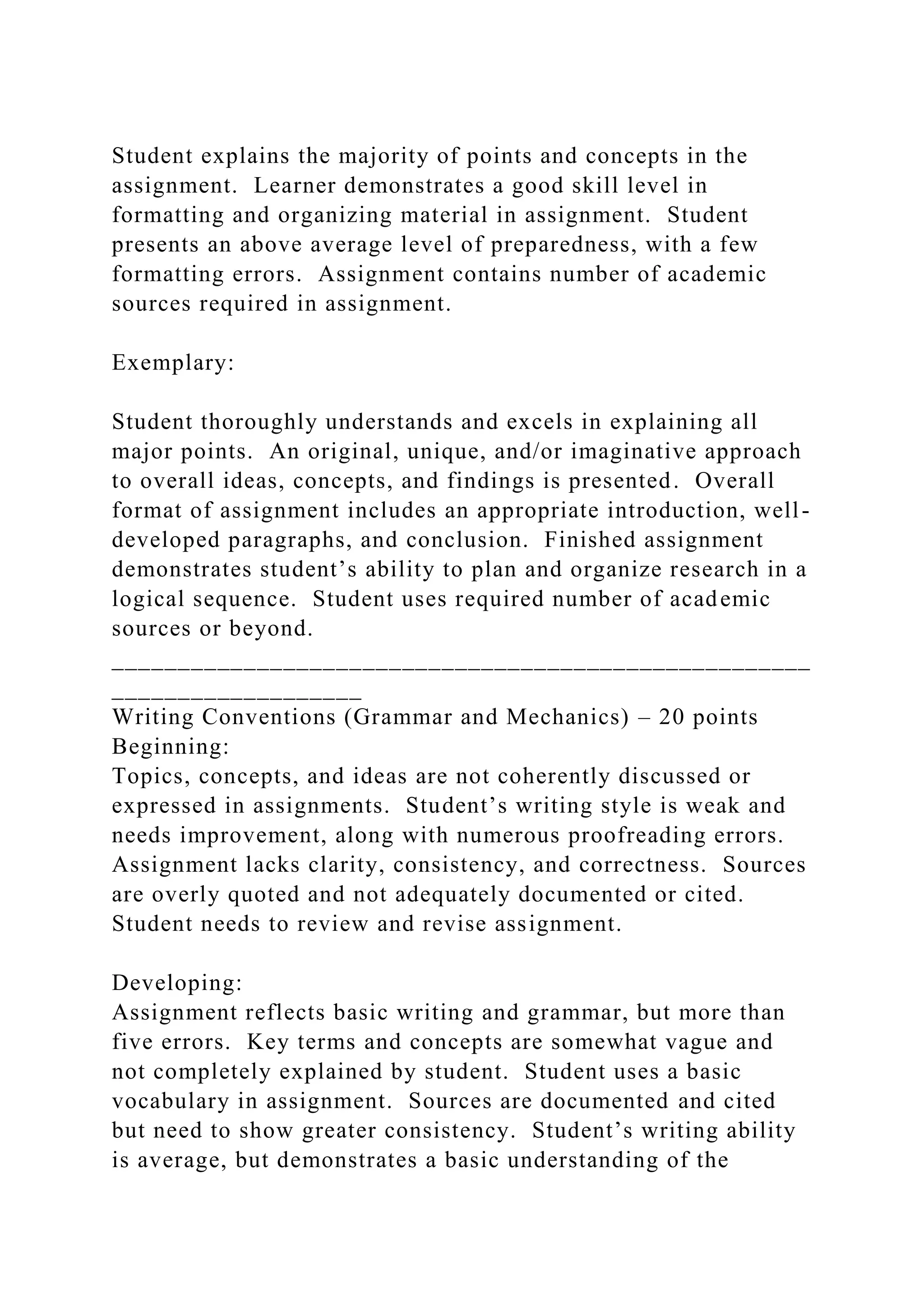 Student explains the majority of points and concepts in the
assignment. Learner demonstrates a good skill level in
formatting and organizing material in assignment. Student
presents an above average level of preparedness, with a few
formatting errors. Assignment contains number of academic
sources required in assignment.
Exemplary:
Student thoroughly understands and excels in explaining all
major points. An original, unique, and/or imaginative approach
to overall ideas, concepts, and findings is presented. Overall
format of assignment includes an appropriate introduction, well-
developed paragraphs, and conclusion. Finished assignment
demonstrates student’s ability to plan and organize research in a
logical sequence. Student uses required number of academic
sources or beyond.
_____________________________________________________
___________________
Writing Conventions (Grammar and Mechanics) – 20 points
Beginning:
Topics, concepts, and ideas are not coherently discussed or
expressed in assignments. Student’s writing style is weak and
needs improvement, along with numerous proofreading errors.
Assignment lacks clarity, consistency, and correctness. Sources
are overly quoted and not adequately documented or cited.
Student needs to review and revise assignment.
Developing:
Assignment reflects basic writing and grammar, but more than
five errors. Key terms and concepts are somewhat vague and
not completely explained by student. Student uses a basic
vocabulary in assignment. Sources are documented and cited
but need to show greater consistency. Student’s writing ability
is average, but demonstrates a basic understanding of the
 