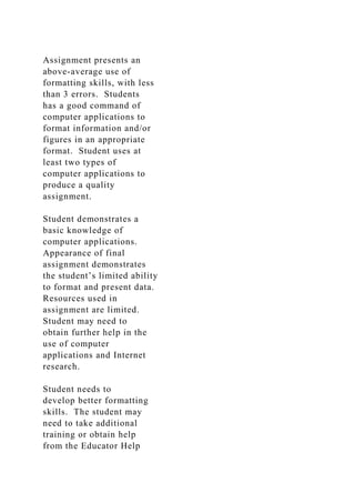 Assignment presents an
above-average use of
formatting skills, with less
than 3 errors. Students
has a good command of
computer applications to
format information and/or
figures in an appropriate
format. Student uses at
least two types of
computer applications to
produce a quality
assignment.
Student demonstrates a
basic knowledge of
computer applications.
Appearance of final
assignment demonstrates
the student’s limited ability
to format and present data.
Resources used in
assignment are limited.
Student may need to
obtain further help in the
use of computer
applications and Internet
research.
Student needs to
develop better formatting
skills. The student may
need to take additional
training or obtain help
from the Educator Help
 