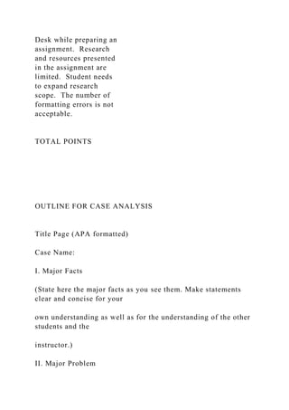 Desk while preparing an
assignment. Research
and resources presented
in the assignment are
limited. Student needs
to expand research
scope. The number of
formatting errors is not
acceptable.
TOTAL POINTS
OUTLINE FOR CASE ANALYSIS
Title Page (APA formatted)
Case Name:
I. Major Facts
(State here the major facts as you see them. Make statements
clear and concise for your
own understanding as well as for the understanding of the other
students and the
instructor.)
II. Major Problem
 
