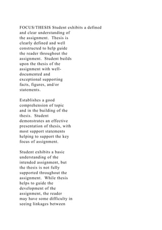FOCUS/THESIS Student exhibits a defined
and clear understanding of
the assignment. Thesis is
clearly defined and well
constructed to help guide
the reader throughout the
assignment. Student builds
upon the thesis of the
assignment with well-
documented and
exceptional supporting
facts, figures, and/or
statements.
Establishes a good
comprehension of topic
and in the building of the
thesis. Student
demonstrates an effective
presentation of thesis, with
most support statements
helping to support the key
focus of assignment.
Student exhibits a basic
understanding of the
intended assignment, but
the thesis is not fully
supported throughout the
assignment. While thesis
helps to guide the
development of the
assignment, the reader
may have some difficulty in
seeing linkages between
 