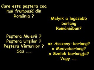 Care este peştera cea mai frumoasă din România ? Peştera Muierii ? Peştera Urşilor ? Peştera Vînturilor ? Sau …… Melyik a legszebb barlang Romániában? az Asszony-barlang? a Medvebarlang? a Szelek barlangja? Vagy …… 