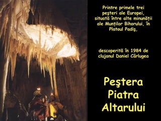 Printre primele trei peşteri ale Europei, situată între alte minunăţii ale Munţilor Bihorului, în Platoul Padiş, descoperită în 1984 de clujanul Daniel Cârlugea Peştera Piatra Altarului 
