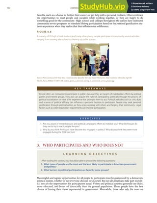 beneﬁts, such as a chance to further their careers or get help with a personal problem. Others embrace
the opportunities to meet people and socialize while working together, or they are happy to do
something good for the community. High schools and colleges throughout the nation have instituted
community service programs to stimulate lifelong participation based on the personal gratiﬁcation stu-
dents experience when they realize that their eﬀorts make a diﬀerence.
FIGURE 6.8
A majority of US high school students and many other young people participate in community service activities
ranging from tutoring after school to cleaning up public spaces.
Source: Photo courtesy of US Navy Mass Communication Specialist 3rd Class Daniel Viramontes, http://commons.wikimedia.org/wiki/
File:US_Navy_090804-N-7280V-398 _Sailors_paint_a_classroom_during_a _community_service_project.jpg.
K E Y T A K E A W A Y S
People often are motivated to participate in politics because they are targets of mobilization eﬀorts by political
parties and interest groups. They also can acquire the habit of participating politically through the process of
political socialization or have a life experience that prompts them to act. Political attitudes such as civic duty
and a sense of political eﬃcacy can inﬂuence a person’s decision to participate. People may seek personal
gratiﬁcation through political action, as they enjoy working with others and helping their community. Legal
factors such as voter registration requirements can impede participation.
E X E R C I S E S
1. Are you aware of interest groups’ and political campaigns’ eﬀorts to mobilize you? What techniques do
they use to try to reach people like you?
2. Why do you think Americans have become less engaged in politics? Why do you think they were more
engaged during the 2008 election?
3. WHO PARTICIPATES AND WHO DOES NOT
L E A R N I N G O B J E C T I V E S
After reading this section, you should be able to answer the following questions:
1. What types of people are the most and the least likely to participate in American government
and politics?
2. What barriers to political participation are faced by some groups?
Meaningful and regular opportunities for all people to participate must be guaranteed by a democratic
political system, whether or not everyone chooses to take part. But not all Americans take part in polit-
ics, nor are the opportunities for participation equal. Voters and political activists generally are older,
more educated, and better oﬀ ﬁnancially than the general population. These people have the best
chance of having their views represented in government. Meanwhile, those who rely the most on
132 AMERICAN GOVERNMENT AND POLITICS IN THE INFORMATION AGE VERSION 1.0.1
 