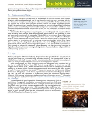 socioeconomic status
People’s levels of education,
income, and occupation,
which are strongly linked to
patterns of political
participation.
FIGURE 6.9
Young people have brought issues to the
attention of public oﬃcials and worked
eﬀectively for positive change.
Source: Photo courtesy of the US Department of State,
http://www.ﬂickr.com/photos/statephotos/5085000843/.
government programs and policies, such as recipients of public assistance, often have fewer opportun-
ities to participate and are less engaged.
3.1 Socioeconomic Status
Socioeconomic status (SES) is determined by people’s levels of education, income, and occupation.
Wealthier and better educated people tend to vote more often, participate more in political activities,
and donate more money to causes than poorer or less educated people. They also have greater access to
the resources that facilitate political activity, including contacts with people in powerful positions.
People’s occupations also are related to their participation, as people in managerial and professional
positions are the most politically active, followed by craftspersons, service workers, and laborers. Many
managers and professionals follow politics as part of their jobs. The unemployed are the least inclined
to take part.
Education has the strongest impact on participation, as it provides people with background know-
ledge of how the political system works. Educated people develop the skills that allow them to follow
and understand events through the mass media. They are likely to form opinions about political issues
and engage in discussions. The political blogs with the most readers, such as Daily Kos and Huﬃngton
Post, are written and read by well-educated people.[36] Education prepares people to deal with the bur-
eaucratic aspects of participation, such as registering to vote or organizing a petition drive. Eighty-
three percent of people with graduate school education voted in the 2008 presidential election com-
pared with 39 percent of those without a high school diploma.[37] The 2010 midterm elections were de-
cided primarily by people with at least some college experience. Less than 5 percent of voters had no
high school education, 16 percent were high school graduates, 29 percent had some college, and 50 per-
cent were college graduates.[38]
3.2 Age
Political participation diﬀers notably by age. People between the ages of thirty-ﬁve and sixty-ﬁve are
the most politically active. At this stage in life, people are more likely than younger people to have es-
tablished homes, hold steady jobs, and be settled into communities. Those with stable community roots
often have strong incentives and greater resources for becoming involved in politics.
While younger people turn out in elections less often than older people, youth voting has been on
the rise in presidential elections since 2004. Turnout among eighteen- to twenty-four-year-olds
dropped from 50 percent in 1972, the ﬁrst presidential election year after the voting age was lowered to
eighteen, to 36 percent in 2000. Turnout among senior citizens, people sixty-ﬁve and older, increased
to nearly 70 percent in that same time period.[39] Young voter turnout rose to 47 percent in 2004 and
51 percent in 2008, partly as a result of voter registration and mobilization eﬀorts by groups like Rock
the Vote. The youth vote contributed to the success of Democratic presidential candidate Barack
Obama in 2008, as young volunteers provided countless hours of campaign support.[40] Information
about young voters can be obtained from the Center for Information & Research on Civic Learning
and Engagement.
People under the age of thirty are among the least involved in mainstream forms of
participation. Young people often lack the money and time to participate. Still, many
young people realize that participation matters. Reacting to problems they see in their
hometowns, youth have formed groups to work for change. They have successfully lob-
bied government oﬃcials, spoken out at public meetings, and provided formal testi-
mony at hearings. Young people have established safety policies in schools, protested
against increases in college tuition rates, and prompted the creation of recreational fa-
cilities for biking, skateboarding, and ice hockey.
CHAPTER 6 PARTICIPATION, VOTING, AND SOCIAL MOVEMENTS 133
 