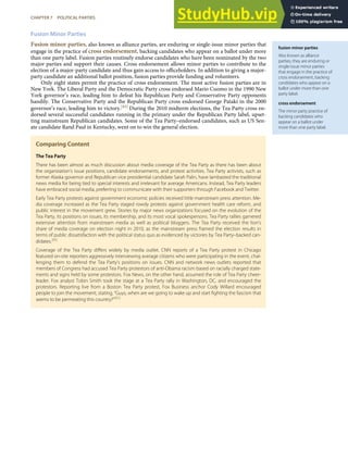 fusion minor parties
Also known as alliance
parties, they are enduring or
single-issue minor parties
that engage in the practice of
cross endorsement, backing
candidates who appear on a
ballot under more than one
party label.
cross endorsement
The minor party practice of
backing candidates who
appear on a ballot under
more than one party label.
Fusion Minor Parties
Fusion minor parties, also known as alliance parties, are enduring or single-issue minor parties that
engage in the practice of cross endorsement, backing candidates who appear on a ballot under more
than one party label. Fusion parties routinely endorse candidates who have been nominated by the two
major parties and support their causes. Cross endorsement allows minor parties to contribute to the
election of a major-party candidate and thus gain access to oﬃceholders. In addition to giving a major-
party candidate an additional ballot position, fusion parties provide funding and volunteers.
Only eight states permit the practice of cross endorsement. The most active fusion parties are in
New York. The Liberal Party and the Democratic Party cross endorsed Mario Cuomo in the 1990 New
York governor’s race, leading him to defeat his Republican Party and Conservative Party opponents
handily. The Conservative Party and the Republican Party cross endorsed George Pataki in the 2000
governor’s race, leading him to victory.[83] During the 2010 midterm elections, the Tea Party cross en-
dorsed several successful candidates running in the primary under the Republican Party label, upset-
ting mainstream Republican candidates. Some of the Tea Party–endorsed candidates, such as US Sen-
ate candidate Rand Paul in Kentucky, went on to win the general election.
Comparing Content
The Tea Party
There has been almost as much discussion about media coverage of the Tea Party as there has been about
the organization’s issue positions, candidate endorsements, and protest activities. Tea Party activists, such as
former Alaska governor and Republican vice presidential candidate Sarah Palin, have lambasted the traditional
news media for being tied to special interests and irrelevant for average Americans. Instead, Tea Party leaders
have embraced social media, preferring to communicate with their supporters through Facebook and Twitter.
Early Tea Party protests against government economic policies received little mainstream press attention. Me-
dia coverage increased as the Tea Party staged rowdy protests against government health care reform, and
public interest in the movement grew. Stories by major news organizations focused on the evolution of the
Tea Party, its positions on issues, its membership, and its most vocal spokespersons. Tea Party rallies garnered
extensive attention from mainstream media as well as political bloggers. The Tea Party received the lion’s
share of media coverage on election night in 2010, as the mainstream press framed the election results in
terms of public dissatisfaction with the political status quo as evidenced by victories by Tea Party–backed can-
didates.[84]
Coverage of the Tea Party diﬀers widely by media outlet. CNN reports of a Tea Party protest in Chicago
featured on-site reporters aggressively interviewing average citizens who were participating in the event, chal-
lenging them to defend the Tea Party’s positions on issues. CNN and network news outlets reported that
members of Congress had accused Tea Party protestors of anti-Obama racism based on racially charged state-
ments and signs held by some protestors. Fox News, on the other hand, assumed the role of Tea Party cheer-
leader. Fox analyst Tobin Smith took the stage at a Tea Party rally in Washington, DC, and encouraged the
protestors. Reporting live from a Boston Tea Party protest, Fox Business anchor Cody Willard encouraged
people to join the movement, stating, “Guys, when are we going to wake up and start ﬁghting the fascism that
seems to be permeating this country?”[85]
CHAPTER 7 POLITICAL PARTIES 165
 
