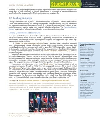 Federal Election Campaign
Act (FECA)
A federal law originally
passed in 1971 that limited
the amount of money that
individuals, political parties,
and political groups could
contribute to campaigns.
Federal Election
Commission (FEC)
The institution that oversees
campaign ﬁnance, including
campaign contributions and
candidate expenditures.
“hard money”
Funds, contributed directly to
candidate campaigns, that
are subject to government
regulation.
“soft money”
Funds contributed to political
parties for get-out-the-vote
drives, party-building
activities, and issue
advertising that was not
subject to contribution or
expenditure limitations as
long as it was not used
directly for candidate
advertising.
Relatedly, focus groups bring together a few people representative of the general public or of particular
groups, such as undecided voters, to ﬁnd out their reactions to such things as the candidate’s stump
speech delivered at campaign rallies, debate performance, and campaign ads.
1.2 Funding Campaigns
“Money is the mother’s milk of politics,” observed the longtime and powerful California politician Jesse
Unruh. The cost of organizing and running campaigns has risen precipitously. The 2008 presidential
and congressional elections cost $5.3 billion dollars, a 25 percent increase over 2004.[2] Around 60 per-
cent of this money goes for media costs, especially television advertising. The Campaign Finance
Institute has a wealth of information about funding of American election campaigns.
Limiting Contributions and Expenditures
In an episode of The Simpsons, Homer’s boss tells him, “Do you realize how much it costs to run for
oﬃce? More than any honest man could aﬀord.”[3] Spurred by media criticisms and embarrassed by
news stories of fund-raising scandals, Congress periodically passes, and the president signs, laws to reg-
ulate money in federal elections.
The Federal Election Campaign Act (FECA) of 1971, amended in 1974, limited the amount of
money that individuals, political parties, and political groups could contribute to campaigns and
provided guidelines for how campaign funds could be spent. The FECA also provided a system of pub-
lic ﬁnancing for presidential campaigns. It required that campaigns report their ﬁnancial information
to a newly established enforcement institution, the Federal Elections Commission (FEC), which
would make it public.
Opponents challenged the constitutionality of these laws in the federal courts, arguing that they re-
strict political expression.[4] In the 1976 case of Buckley v. Valeo, the Supreme Court upheld the limits
on contributions and the reporting requirement but overturned all limits on campaign spending except
for candidates who accept public funding for presidential election campaigns.[5] The Supreme Court
argued that campaign spending was the equivalent of free speech, so it should not be constrained.
This situation lasted for around twenty years. “Hard money” that was contributed directly to
campaigns was regulated through the FECA. However, campaign advisors were able to exploit the fact
that “soft money” given to the political parties for get-out-the-vote drives, party-building activities,
and issue advertising was not subject to contribution limits. Soft money could be spent for political ad-
vertising as long as the ads did not ask viewers to vote for or against speciﬁc candidates. Nonparty or-
ganizations, such as interest groups, also could run issue ads as long as they were independent of can-
didate campaigns. The Democratic and Republican parties raised more than $262 million in soft
money in 1996, much of which was spent on advertising that came close to violating the law.[6]
FIGURE 8.3 Republican National Committee Ad Featuring Presidential Candidate Bob Dole
The Republican National Committee used “soft money” to produce an ad that devoted ﬁfty-six seconds to
presidential candidate Bob Dole’s biography and only four seconds to issues. Similarly, the Democratic National
Committee used “soft money” on ads that promoted candidate Bill Clinton. These ads pushed the limits of
campaign ﬁnance laws, prompting a call for reform.
Source: Photo courtesy of the US Department of Defense by Samantha Quigley, http://commons.wikimedia.org/wiki/
File:Bob_Dole_VE_Day_60th_Anniversery.jpg.
CHAPTER 8 CAMPAIGNS AND ELECTIONS 181
 