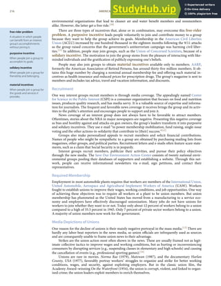 free-rider problem
A situation in which people
can beneﬁt from an interest
group’s accomplishments
without joining it.
purposive incentive
When people join a group to
accomplish its goals.
solidary incentive
When people join a group for
friendship and belonging.
material incentives
When people join a group for
the goods and services it
provides.
environmental organizations that lead to cleaner air and water beneﬁt members and nonmembers
alike. However, the latter get a free ride.[10]
There are three types of incentives that, alone or in combination, may overcome this free-rider
problem. A purposive incentive leads people voluntarily to join and contribute money to a group
because they want to help the group achieve its goals. Membership in the American Civil Liberties
Union (ACLU) increased by one hundred thousand in the eighteen months following the 9/11 attacks
as the group raised concerns that the government’s antiterrorism campaign was harming civil liber-
ties.[11] In addition, people may join groups, such as the Union of Concerned Scientists, because of a
solidary incentive. The motivation to join the group stems from the pleasure of interacting with like-
minded individuals and the gratiﬁcation of publicly expressing one’s beliefs.
People may also join groups to obtain material incentives available only to members. AARP,
formerly the American Association of Retired Persons, has around thirty-ﬁve million members. It ob-
tains this huge number by charging a nominal annual membership fee and oﬀering such material in-
centives as health insurance and reduced prices for prescription drugs. The group’s magazine is sent to
members and includes tax advice, travel and vacation information, and discounts.
Recruitment
One way interest groups recruit members is through media coverage. The appealingly named Center
for Science in the Public Interest (CSPI) is a consumer organization that focuses on food and nutrition
issues, produces quality research, and has media savvy. It is a valuable source of expertise and informa-
tion for journalists. The frequent and favorable news coverage it receives brings the group and its activ-
ities to the public’s attention and encourages people to support and join it.
News coverage of an interest group does not always have to be favorable to attract members.
Oftentimes, stories about the NRA in major newspapers are negative. Presenting this negative coverage
as bias and hostility against and attacks on gun owners, the group’s leaders transform it into purposive
and solidary incentives. They use e-mail “to power membership mobilization, fund raising, single-issue
voting and the other actions-in-solidarity that contribute to [their] success.”[12]
Groups also make personalized appeals to recruit members and solicit ﬁnancial contributions.
Names of people who might be sympathetic to a group are obtained by purchasing mailing lists from
magazines, other groups, and political parties. Recruitment letters and e-mails often feature scare state-
ments, such as a claim that Social Security is in jeopardy.
Interest groups recruit members, publicize their activities, and pursue their policy objectives
through the new media. The Save Our Environment Action Center consists of twenty national envir-
onmental groups pooling their databases of supporters and establishing a website. Through this net-
work, people can receive informational newsletters via e-mail, sign petitions, and contact their
representatives.
Required Membership
Employment in most automobile plants requires that workers are members of the International Union,
United Automobile, Aerospace and Agricultural Implement Workers of America (UAW). Workers
fought to establish unions to improve their wages, working conditions, and job opportunities. One way
of achieving these objectives was to require all workers at a plant to be union members. But union
membership has plummeted as the United States has moved from a manufacturing to a service eco-
nomy and employers have eﬀectively discouraged unionization. Many jobs do not have unions for
workers to join whether they want to or not. Today only about 12 percent of workers belong to a union
compared to a high of 35.5 percent in 1945. Only 7 percent of private sector workers belong to a union.
A majority of union members now work for the government.
Media Depictions of Unions
One reason for the decline of unions is their mainly negative portrayal in the mass media.[13] There are
hardly any labor-beat reporters in the news media, so union oﬃcials are infrequently used as sources
and are consequently unable to frame union news to their advantage.
Strikes are the union action most often shown in the news. These are usually framed not as legit-
imate collective tactics to improve wages and working conditions, but as hurting or inconveniencing
consumers by disrupting services (e.g., suspending classes in elementary and high schools) and causing
the cancellation of events (e.g., professional sporting games).[14]
Unions are rare in movies. Norma Rae (1979), Matewan (1987), and the documentary Harlan
County, USA (1977), favorably portray workers’ struggles to organize and strike for better working
conditions, wages, and security, against exploiting employers. But in the classic union ﬁlm, the
Academy Award–winning On the Waterfront (1954), the union is corrupt, violent, and linked to organ-
ized crime; the union leaders exploit members to enrich themselves.
216 AMERICAN GOVERNMENT AND POLITICS IN THE INFORMATION AGE VERSION 1.0.1
 