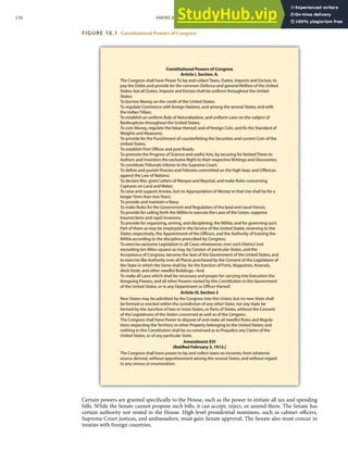 FIGURE 10.1 Constitutional Powers of Congress
Certain powers are granted speciﬁcally to the House, such as the power to initiate all tax and spending
bills. While the Senate cannot propose such bills, it can accept, reject, or amend them. The Senate has
certain authority not vested in the House. High-level presidential nominees, such as cabinet oﬃcers,
Supreme Court justices, and ambassadors, must gain Senate approval. The Senate also must concur in
treaties with foreign countries.
238 AMERICAN GOVERNMENT AND POLITICS IN THE INFORMATION AGE VERSION 1.0.1
 