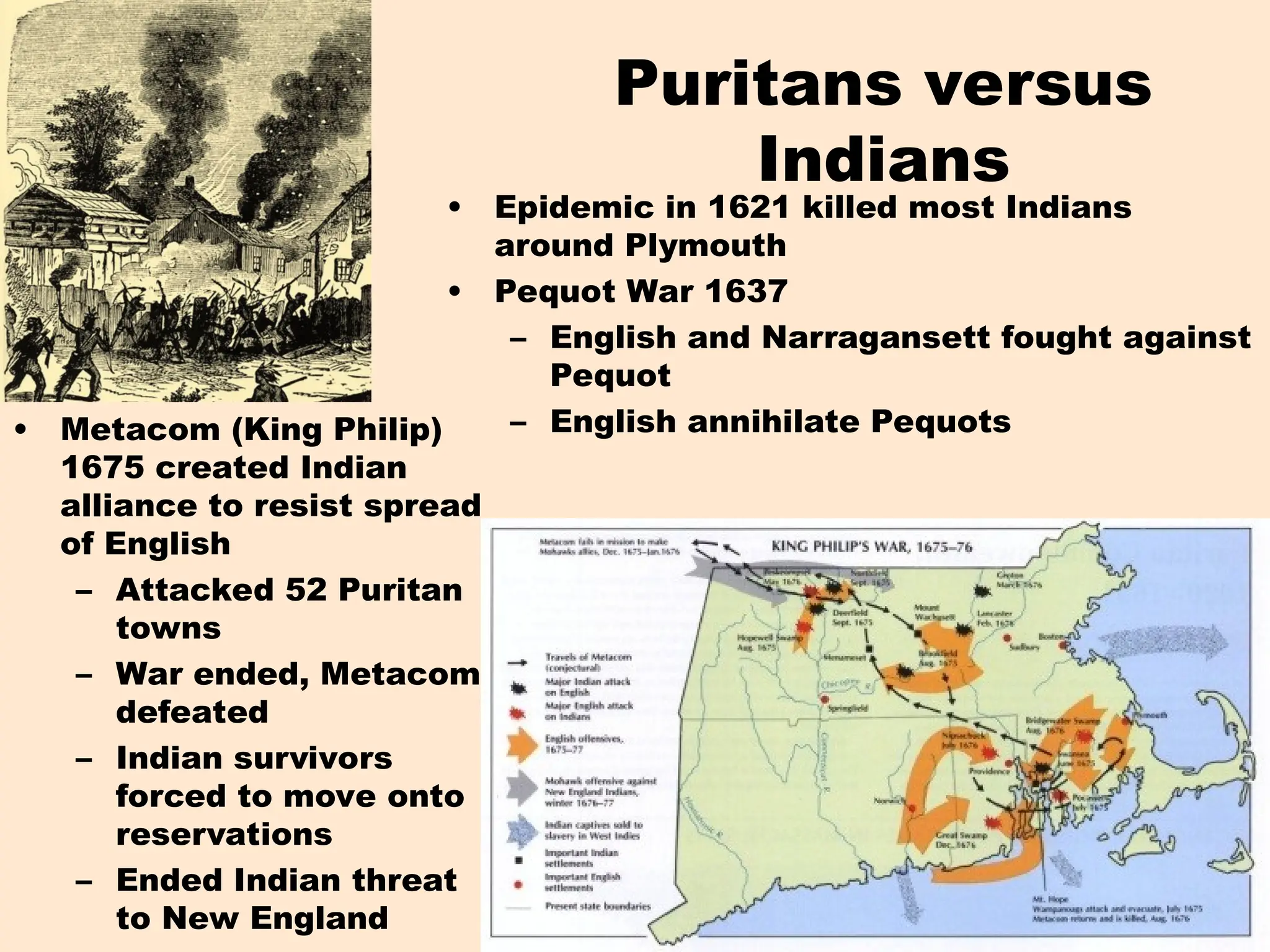 Puritans versus
Indians
• Epidemic in 1621 killed most Indians
around Plymouth
• Pequot War 1637
– English and Narragansett fought against
Pequot
– English annihilate Pequots
• Metacom (King Philip)
1675 created Indian
alliance to resist spread
of English
– Attacked 52 Puritan
towns
– War ended, Metacom
defeated
– Indian survivors
forced to move onto
reservations
– Ended Indian threat
to New England
 