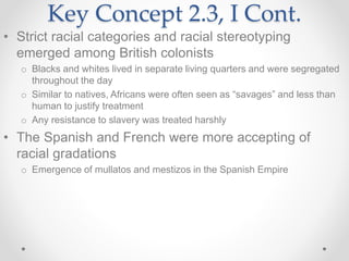 Key Concept 2.3, I Cont.
• Strict racial categories and racial stereotyping
emerged among British colonists
o Blacks and whites lived in separate living quarters and were segregated
throughout the day
o Similar to natives, Africans were often seen as “savages” and less than
human to justify treatment
o Any resistance to slavery was treated harshly
• The Spanish and French were more accepting of
racial gradations
o Emergence of mullatos and mestizos in the Spanish Empire
 