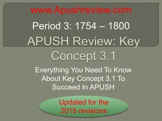 Everything You Need To Know
About Key Concept 3.1 To
Succeed In APUSH
www.Apushreview.com
Period 3: 1754 – 1800
Updated for the
2015 revisions
 