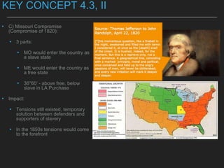KEY CONCEPT 4.3, II
▸ C) Missouri Compromise
(Compromise of 1820):
▸ 3 parts:
▸ MO would enter the country as
a slave state
▸ ME would enter the country as
a free state
▸ 36°60’ - above free, below
slave in LA Purchase
▸ Impact:
▸ Tensions still existed, temporary
solution between defenders and
supporters of slavery
▸ In the 1850s tensions would come
to the forefront
 