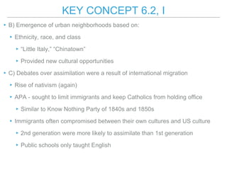 KEY CONCEPT 6.2, I
▸B) Emergence of urban neighborhoods based on:
▸Ethnicity, race, and class
▸“Little Italy,” “Chinatown”
▸Provided new cultural opportunities
▸C) Debates over assimilation were a result of international migration
▸Rise of nativism (again)
▸APA - sought to limit immigrants and keep Catholics from holding office
▸Similar to Know Nothing Party of 1840s and 1850s
▸Immigrants often compromised between their own cultures and US culture
▸2nd generation were more likely to assimilate than 1st generation
▸Public schools only taught English
 