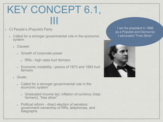 KEY CONCEPT 6.1,
III
C) People’s (Populist) Party:
Called for a stronger governmental role in the economic
system
Causes:
Growth of corporate power
RRs - high rates hurt farmers
Economic instability - panics of 1873 and 1893 hurt
farmers
Goals:
Called for a stronger governmental role in the
economic system
Graduated income tax; inflation of currency (help
farmers), “free silver”
Political reform - direct election of senators;
government ownership of RRs, telephones, and
telegraphs
I ran for president in 1896
as a Populist and Democrat.
I advocated “Free Silver”
 