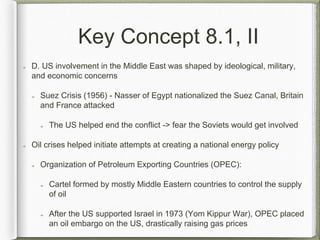 Key Concept 8.1, II
D. US involvement in the Middle East was shaped by ideological, military,
and economic concerns
Suez Crisis (1956) - Nasser of Egypt nationalized the Suez Canal, Britain
and France attacked
The US helped end the conflict -> fear the Soviets would get involved
Oil crises helped initiate attempts at creating a national energy policy
Organization of Petroleum Exporting Countries (OPEC):
Cartel formed by mostly Middle Eastern countries to control the supply
of oil
After the US supported Israel in 1973 (Yom Kippur War), OPEC placed
an oil embargo on the US, drastically raising gas prices
 