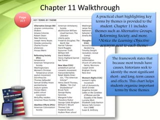 ©2015
Chapter 11 Walkthrough
A practical chart highlighting key
terms by themes is provided to the
student. Chapter 11 includes
themes such as Alternative Groups,
Reforming Society, and more.
*Notice the Learning Objective
acronym next to each theme!
Page
217
The framework states that
because most trends have
causes, historians seek to
identify the most significant
short- and long-term causes
and effects. This chart helps
students organize important
terms by those themes.
 