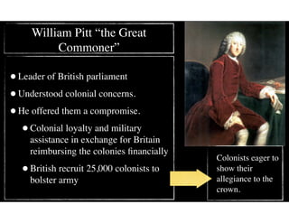 William Pitt “the Great
Commoner”
•Leader of British parliament
•Understood colonial concerns.
•He offered them a compromise.
•Colonial loyalty and military
assistance in exchange for Britain
reimbursing the colonies ﬁnancially
•British recruit 25,000 colonists to
bolster army
Colonists eager to
show their
allegiance to the
crown.
 