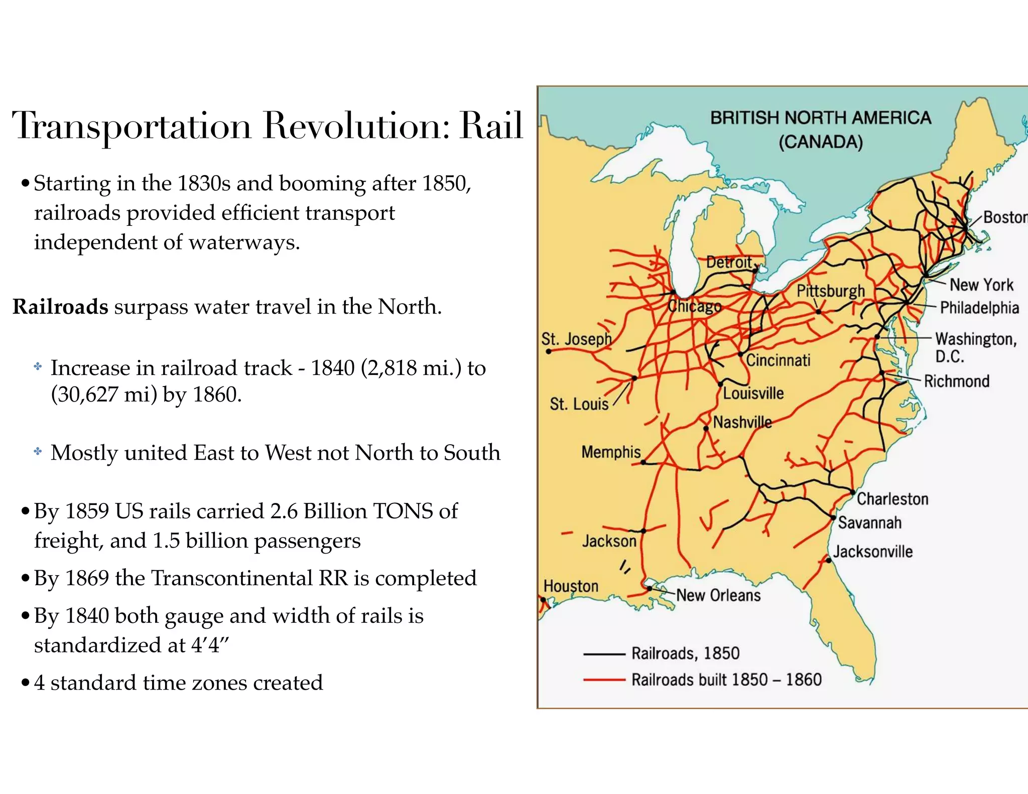 Transportation Revolution: Rail
•Starting in the 1830s and booming after 1850,
railroads provided efﬁcient transport
independent of waterways.  
Railroads surpass water travel in the North.
✤ Increase in railroad track - 1840 (2,818 mi.) to
(30,627 mi) by 1860.
✤ Mostly united East to West not North to South
•By 1859 US rails carried 2.6 Billion TONS of
freight, and 1.5 billion passengers
•By 1869 the Transcontinental RR is completed
•By 1840 both gauge and width of rails is
standardized at 4’4”
•4 standard time zones created
 