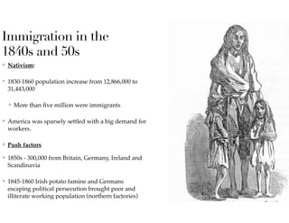 Immigration in the
1840s and 50s
✤ Nativism:
✤ 1830-1860 population increase from 12,866,000 to
31,443,000
✤ More than ﬁve million were immigrants
✤ America was sparsely settled with a big demand for
workers.
✤ Push factors
✤ 1850s - 300,000 from Britain, Germany, Ireland and
Scandinavia
✤ 1845-1860 Irish potato famine and Germans
escaping political persecution brought poor and
illiterate working population (northern factories)
 