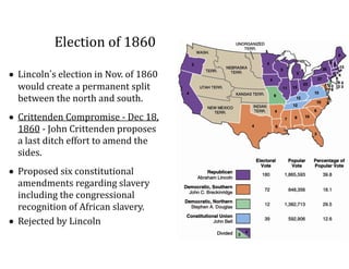 Election	
  of	
  1860
• Lincoln’s	
  election	
  in	
  Nov.	
  of	
  1860	
  
would	
  create	
  a	
  permanent	
  split	
  
between	
  the	
  north	
  and	
  south.	
  
• Crittenden	
  Compromise	
  -­‐	
  Dec	
  18,	
  
1860	
  -­‐	
  John	
  Crittenden	
  proposes	
  
a	
  last	
  ditch	
  effort	
  to	
  amend	
  the	
  
sides.	
  
• Proposed	
  six	
  constitutional	
  
amendments	
  regarding	
  slavery	
  
including	
  the	
  congressional	
  
recognition	
  of	
  African	
  slavery.	
  
• Rejected	
  by	
  Lincoln
 