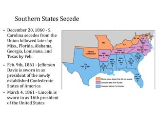 Southern	
  States	
  Secede
-­‐ December	
  20,	
  1860	
  -­‐	
  S.	
  
Carolina	
  secedes	
  from	
  the	
  
Union	
  followed	
  later	
  by	
  
Miss.,	
  Florida,	
  Alabama,	
  
Georgia,	
  Louisiana,	
  and	
  
Texas	
  by	
  Feb.	
  
-­‐ Feb.	
  9th,	
  1861	
  -­‐	
  Jefferson	
  
Davis	
  is	
  sworn	
  in	
  as	
  
president	
  of	
  the	
  newly	
  
established	
  Confederate	
  
States	
  of	
  America	
  
-­‐ March	
  4,	
  1861	
  -­‐	
  Lincoln	
  is	
  
sworn	
  in	
  as	
  16th	
  president	
  
of	
  the	
  United	
  States
 