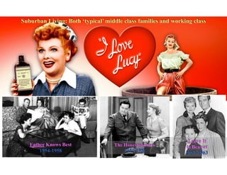 Suburban Living: Both ‘typical’ middle class families and working class
Leave It  
to Beaver 
1957-1963
Father Knows Best 
1954-1958
The Honeymooners 
1957-1958
 