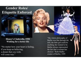 Gender Roles/
Etiquette Enforced
“My whole philosophy of
Barbie was that through the
doll, the little girl could be
anything she wanted to be.
Barbie always represented
the fact that a woman has
choices.” Ruth Hadler
creator of Barbie, 1959
Disney’s Cinderella, 1950
Wishing for a better life
“No matter how your heart is feeling,
if you keep on believing,
a dream that you wish,
will come true.”
 