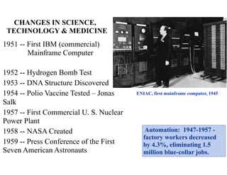 CHANGES IN SCIENCE,
TECHNOLOGY & MEDICINE
1951 -- First IBM (commercial)
Mainframe Computer
1952 -- Hydrogen Bomb Test
1953 -- DNA Structure Discovered
1954 -- Polio Vaccine Tested – Jonas
Salk
1957 -- First Commercial U. S. Nuclear
Power Plant
1958 -- NASA Created
1959 -- Press Conference of the First
Seven American Astronauts
ENIAC, first mainframe computer, 1945
Automation: 1947-1957 -
factory workers decreased
by 4.3%, eliminating 1.5
million blue-collar jobs.
 