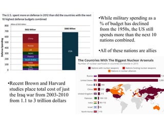 •While military spending as a
% of budget has declined
from the 1950s, the US still
spends more than the next 10
nations combined.
•All of these nations are allies
•Recent Brown and Harvard
studies place total cost of just
the Iraq war from 2003-2010
from 1.1 to 3 trillion dollars
 