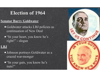Election of 1964
Senator Barry Goldwater
•Goldwater attacks LBJ policies as
continuation of New Deal
•“In your heart, you know he’s
right!” - slogan
LBJ
•Johnson portrays Goldwater as a
crazed war-monger
•“In your guts, you know he’s
nuts!”
 