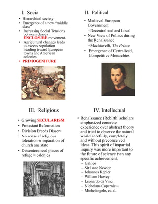 I. Social
• Hierarchical society
• Emergence of a new “middle
class”
• Increasing Social Tensions
between classes
ENCLOSURE movement.
• Agricultural changes leads
to excess population
heading toward European
towns and American
colonies
• PRIMOGENITURE
II. Political
• Medieval European
Government
--Decentralized and Local
• New View of Politics during
the Renaissance
--Machiavelli, The Prince
• Emergence of Centralized,
Competitive Monarchies
III. Religious
• Growing SECULARISM
• Protestant Reformation
• Division Breeds Dissent
• No sense of religious
toleration or separation of
church and state
• Dissenters need places of
refuge = colonies
• Renaissance (Rebirth) scholars
emphasized concrete
experience over abstract theory
and tried to observe the natural
world carefully, completely,
and without preconceived
ideas. This spirit of impartial
inquiry was more important to
the future of science than any
specific achievement.
– Galileo
– Sir Isaac Newton
– Johannes Kepler
– William Harvey
– Leonardo da Vinci
– Nicholaus Copernicus
– Michelangelo, et. al.
IV. Intellectual
 