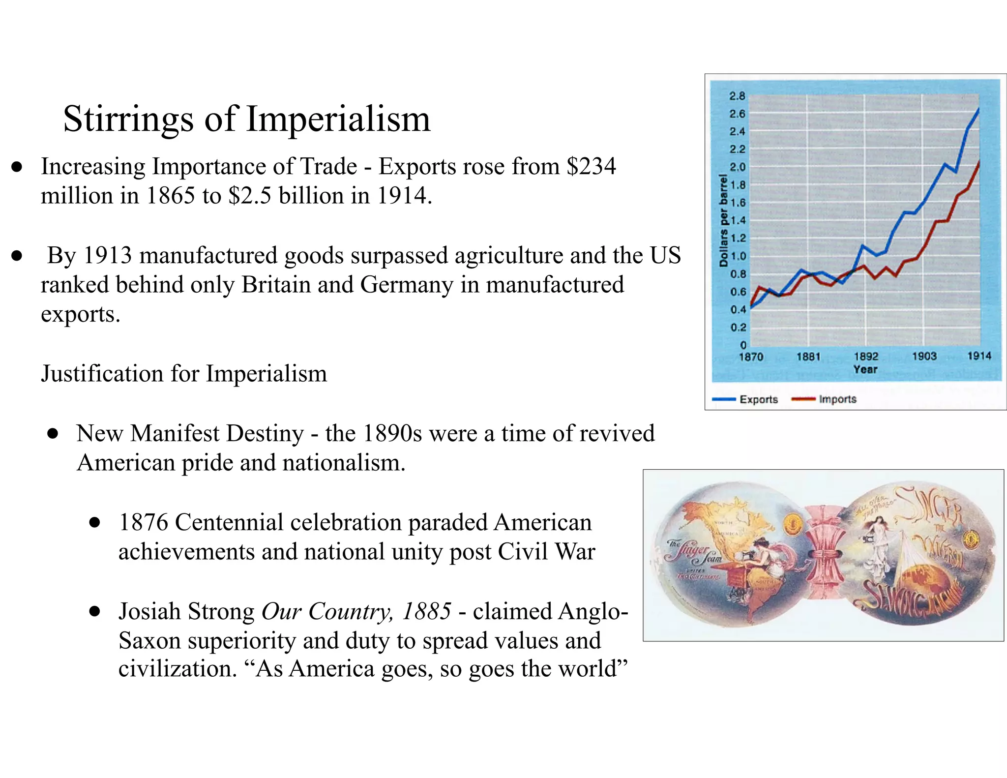 Stirrings of Imperialism
• Increasing Importance of Trade - Exports rose from $234
million in 1865 to $2.5 billion in 1914.
• By 1913 manufactured goods surpassed agriculture and the US
ranked behind only Britain and Germany in manufactured
exports.
Justification for Imperialism
• New Manifest Destiny - the 1890s were a time of revived
American pride and nationalism.
• 1876 Centennial celebration paraded American
achievements and national unity post Civil War
• Josiah Strong Our Country, 1885 - claimed Anglo-
Saxon superiority and duty to spread values and
civilization. “As America goes, so goes the world”
 